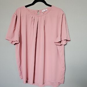 Soteer NWT XXL Chic Pink Short Sleeve Pleated Neck Plus Size Blouse Top